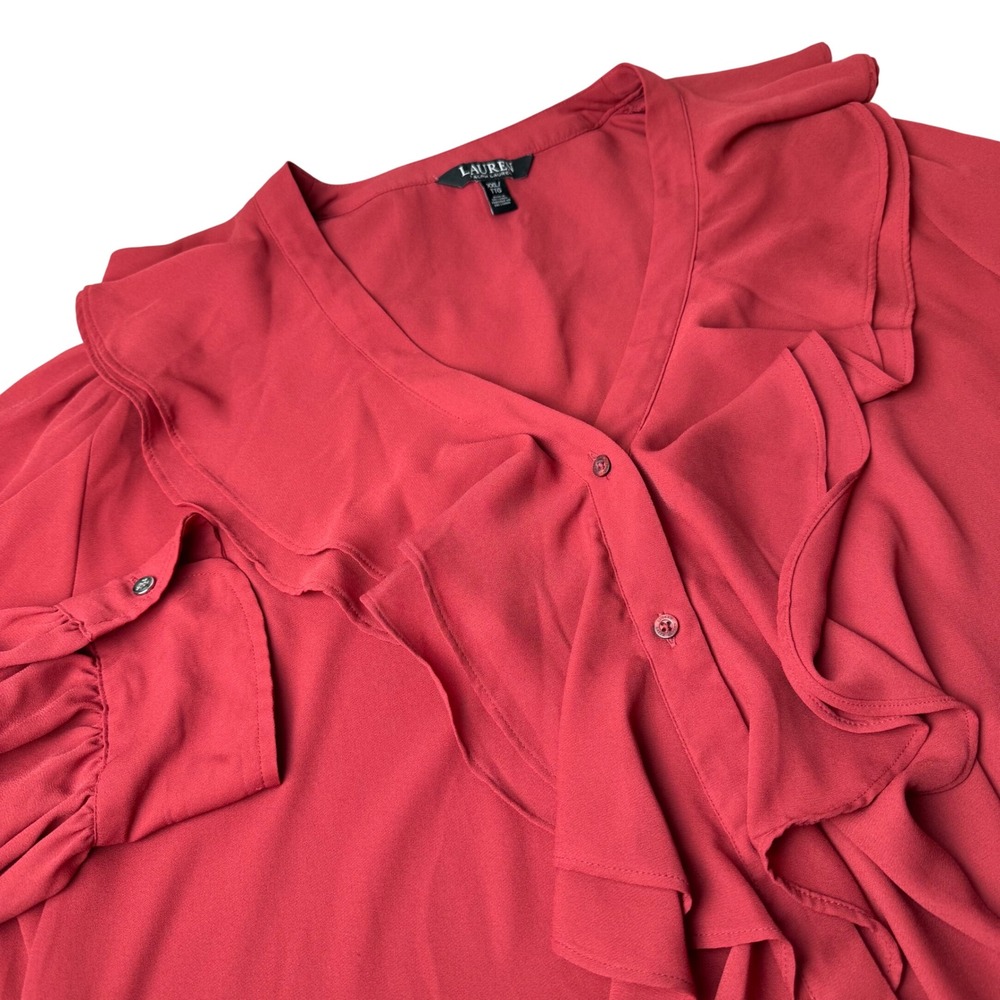 Lauren Ralph Lauren Womens Ruffle Blouse XXL Red V-Neck Romantic Victorian
